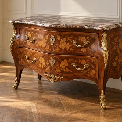 commode Louis XV galbée marqueterie florale bronzes dorés estimation 2
