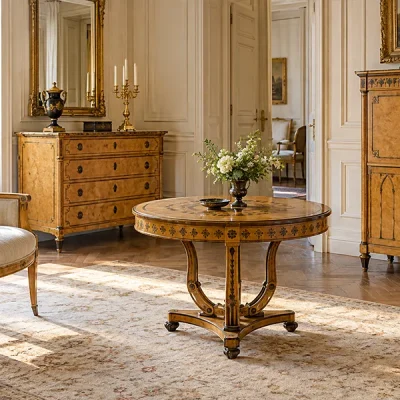 mobilier Charles X bois clair marqueterie estimation expertise galerie atrium 1