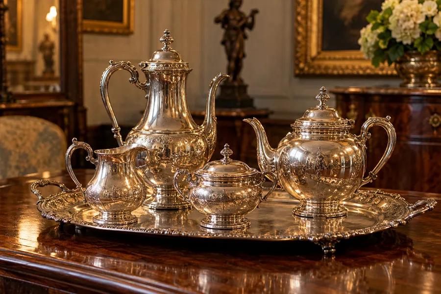 Service à thé ancien en métal argenté exposé sur un meuble dans un intérieur d’antiquaire