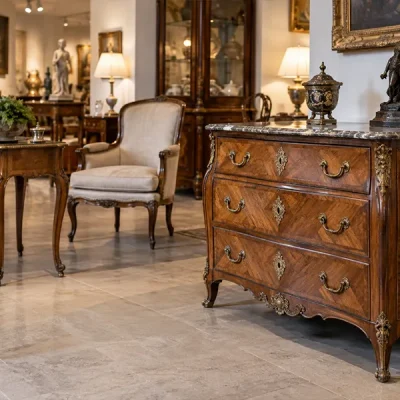 Commode à plateau de marbre exposée dans une galerie aux côtés d’une table et d’un fauteuil 1