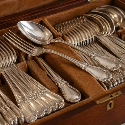 Faux poinçons - ouverts d’argenterie ancienne disposés dans un coffret de rangement ouvert
