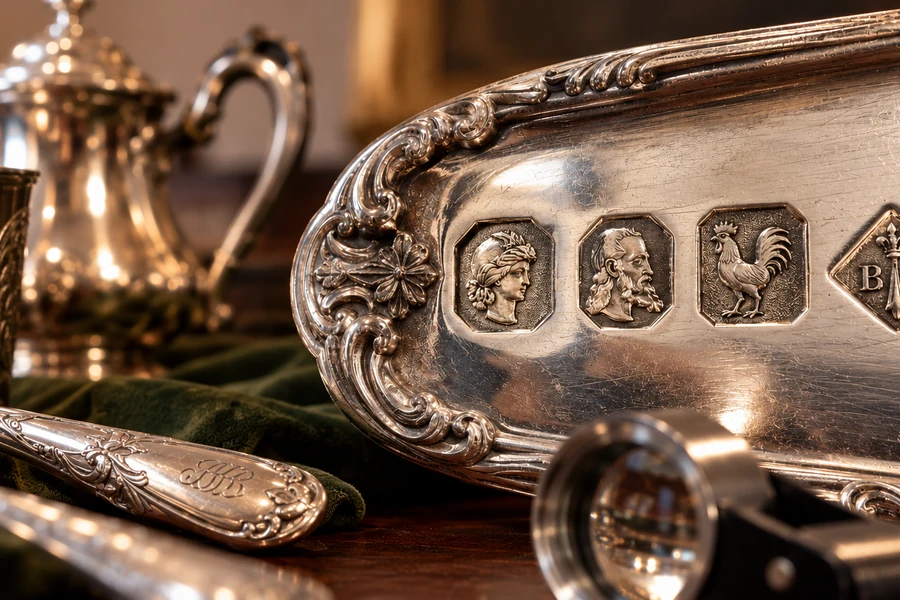 Détails de décors mouvementés sur des pièces d’orfèvrerie ancienne dans un intérieur classique