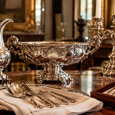 Ensemble de pièces d’argenterie ancienne comprenant plats, verseuses et objets de service - Argenterie Louis XV présentés dans un intérieur élégant - Timbale, plat, candélabre