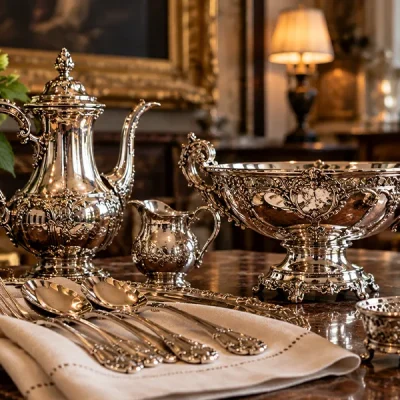 Ensemble de pièces d’orfèvrerie ancienne avec aiguière, coupe et couverts ciselés dans un intérieur classique photo 1