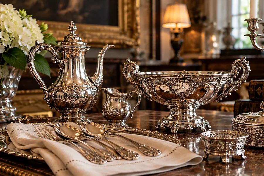 Ensemble de pièces d’orfèvrerie ancienne avec aiguière, coupe et couverts ciselés