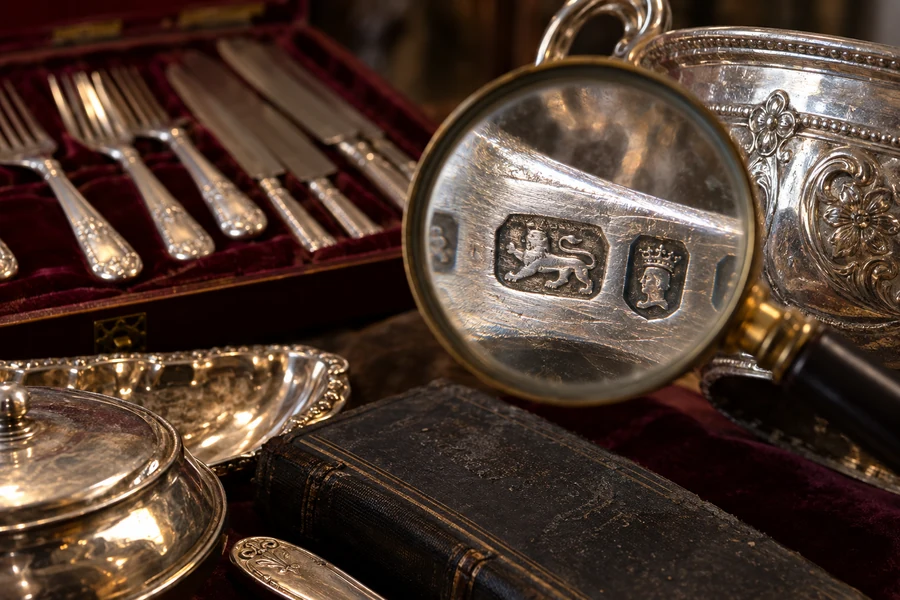 Examen à la loupe des marques d’une pièce d’argenterie ancienne pour préserver les détails