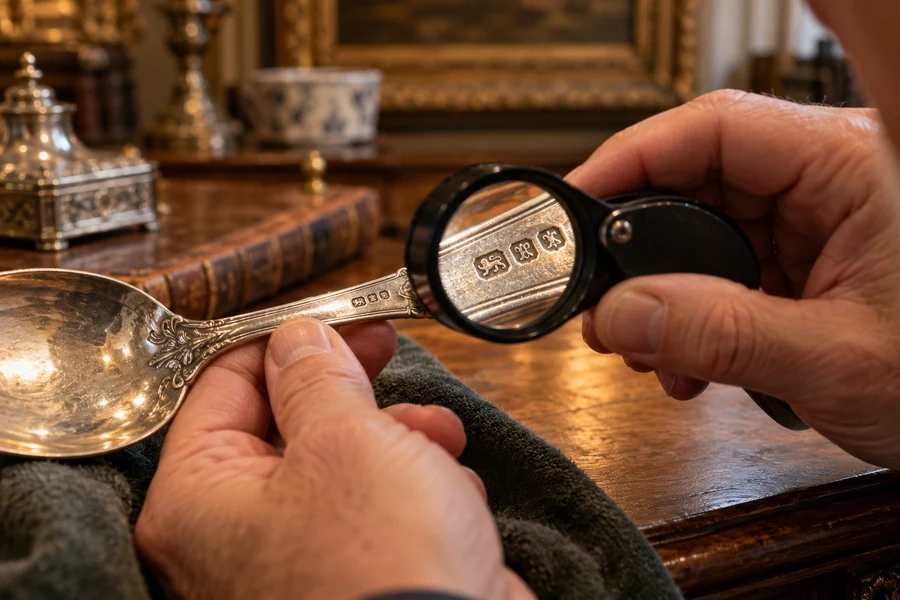 Poinçons visibles à la loupe sur une pièce d’argenterie ancienne avant toute intervention de nettoyage