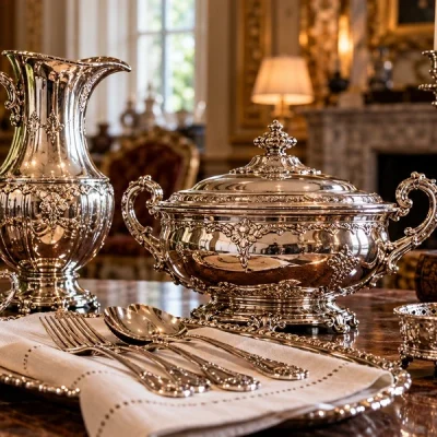 Argenterie Louis XV - Gros plan de poinçons sur une pièce d’argenterie ancienne, avec une loupe pour examiner les marques