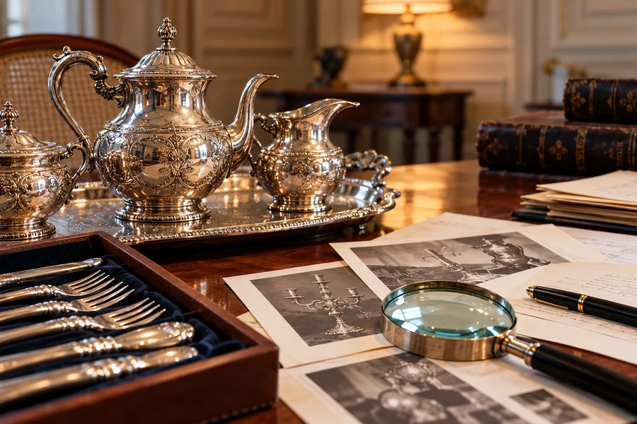 Ménagère ancienne dans son coffret à côté d'un service à thé et d'un dossier familial
