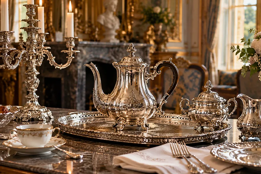 Ménagère ancienne de couverts en argent présentée dans son écrin