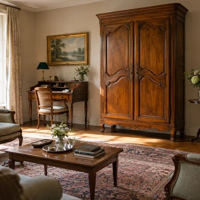 Salon d’une maison familiale avec une armoire en bois, un bureau et des fauteuils conservés en place 2