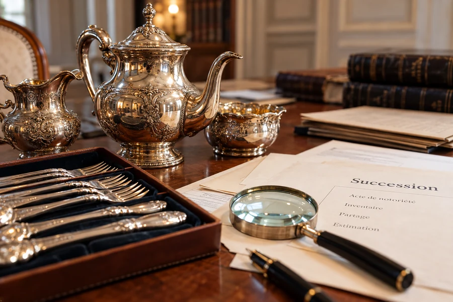 Service à thé et couverts anciens présentés avec des documents de succession et une loupe