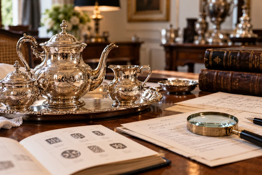 Service en argent ancien examiné sur une table avec documents et loupe lors d'une estimation de succession