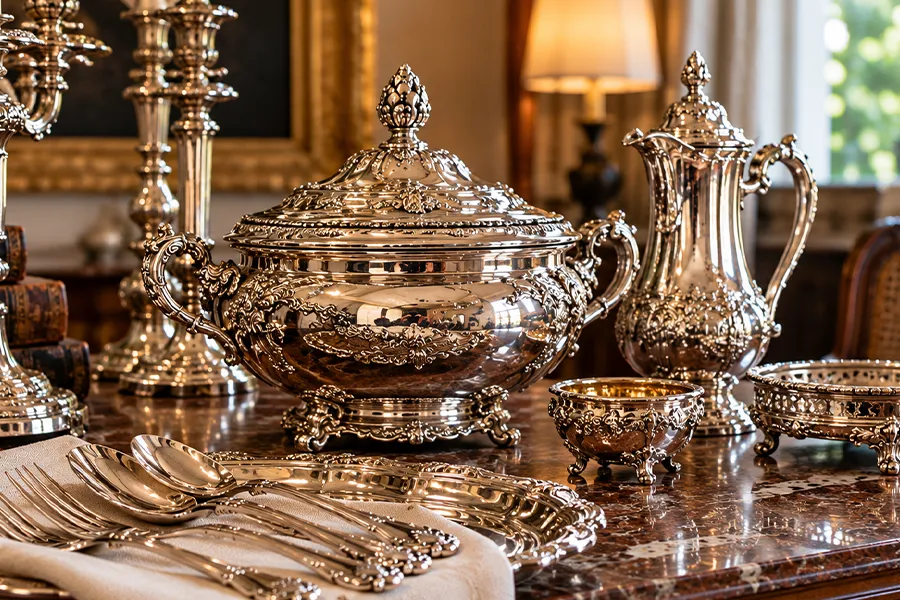 Soupière ancienne ciselée avec aiguière et candélabres sur une table en marbre